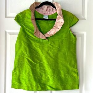 Silk blouse with ruffle collar, lime green and pale pink